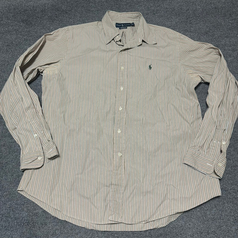 Ralph Lauren Mens XL Custom Fit Tan Striped Long Sleeve Button Down Shirt